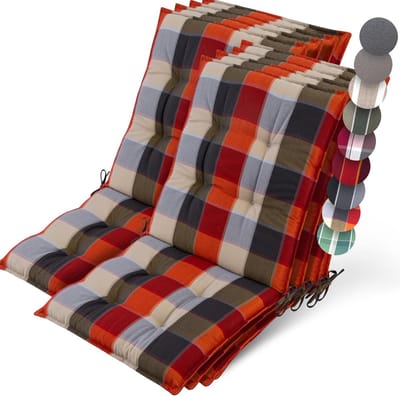 Beautissu Sun-NL – Set van 8 Premium Lage Rugleuning Kussen 100x50 cm - UV-bestendig & 8cm Dik Kussen Tuinstoelkussen Antislip Bevestigingsbanden – Stevige Stof Orange Beige Ruit