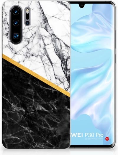 Huawei P30 Pro TPU Siliconen Hoesje Marmer Wit Zwart - Origineel Cadeau Man