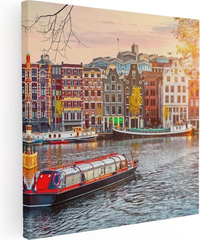 Artaza Canvas Schilderij Amsterdam - 90x90 cm - Wanddecoratie Grachten - Muurdecoratie Skyline - Schilderijen Op Canvas Zonsondergang