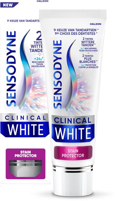 Sensodyne Clinical White Stain Protector - Tandpasta - Gevoelige Tanden - Whitening & Beschermt tegen gevoeligheid - 2 tinten wittere tanden - Bevat Fluoride - Frisse Muntsmaak - 75ml