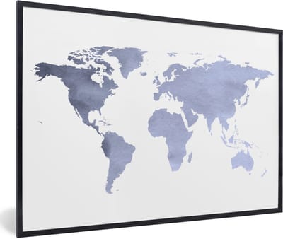 Poster in lijst - Fotolijst 90x60 cm - Posters - Wereldkaart - Blauw - Grijs - Posterlijst zwart - Decoratie - Wanddecoratie woonkamer - Muurdecoratie slaapkamer