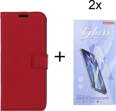 Bookcase Geschikt voor: Sony Xperia 5 III - Rood - portemonee hoesje met 2 stuks Glas Screen protector