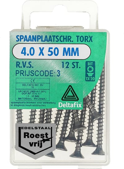Deltafix spaanplaatschroef platkop / torx r.v.s. a2 4.0 x 50 mm 12 st.