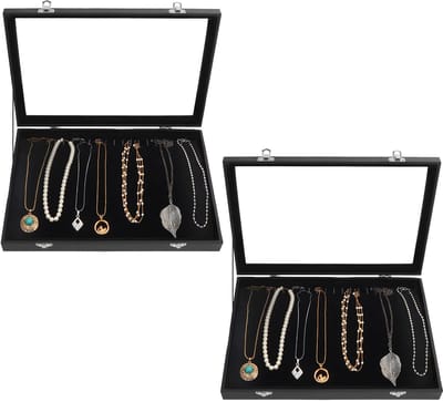 Dailygoods- Sieradenbox Zwart Fluweel - 20 Haken - Glazen Deksel - 2 Stuks - Sieraden Organizer - Afmetingen L35 x B24 x H4,5 cm - Sieradenopberger