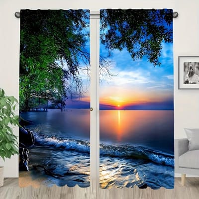 2-delige semi-verduisterende gordijnen Tropisch eiland piratenschip palmboom design Stangtunnel ophanging voor slaapkamer vloervenster jaloezieën 100W130H(CM)40x51in&Grommet Top