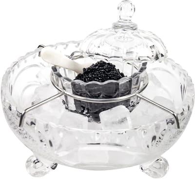 Kaviar serveerstel - 1 glazen verdeelde schaal set, parelmoer lepel, garnalenkoeler, perfect voor keuken, restaurant, cateringevenementen