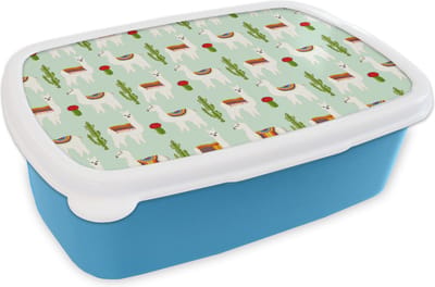 Broodtrommel Blauw - Lunchbox - Brooddoos - Lama - Cactus - Patronen - 18x12x6 cm - Kinderen - Jongen