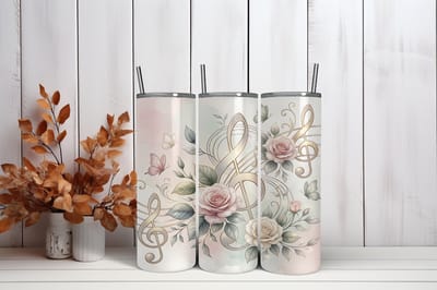 Thermosbeker Muziek bloemen - 600 ml RVS Tumbler met Rietje - Cadeau - Schoolbeker - Antilek dop - Vaatwasserbestendig - Werkbeker - To go beker - Zomaar