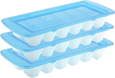 Set van 3x stuks ijsblokjes/ijsklontjes maken bakjes met afsluitbare deksel blauw 28 cm - 12 stuks voor gekoelde drankjes