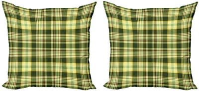 ABAKUHAUS – Kussenhoes 2x45x45 cm – Schotse quilt – Dubbelzijdig bedrukt – donker groen geel bruin