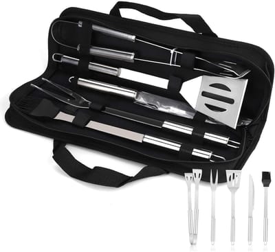 TOVBMUP 5 stuks BBQ-set - roestvrij staal - BBQ-gereedschapsset - BBQ-accessoires - geschikt voor BBQ's, feesten aan het meer en kampeertrips