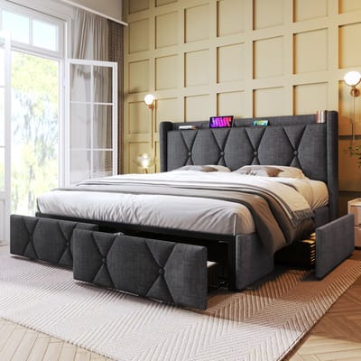 Wishdor – Gestoffeerd Opbergbed 140x200 cm – Hoofdbord met 2x USB & 2x Stopcontact – Inclusief 4 Lades – Stijlvol & Slim – Linnen – Grijs
