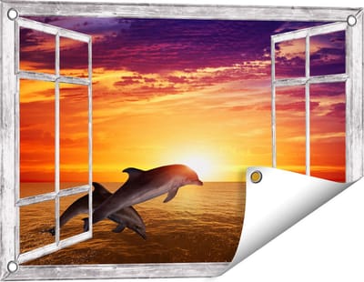 Gards Tuinposter Doorkijk Twee Dolfijnen bij de Zonsondergang - 60x40 cm - Tuindoek - Tuindecoratie - Wanddecoratie buiten - Tuinschilderij