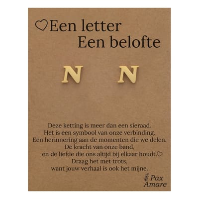 Initiaal Oorbellen met Letter N op Cadeau Kaartje - Een letter, een belofte - Goudkleurig - Naam Sieraad Cadeau - Roestvrij Staal Oorknopjes - Pax Amare