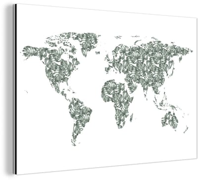 Aluminium schilderij 120x80 cm - Wanddecoratie metaal - Wereldkaart - Tropische Planten - Wit - Metalen muurdecoratie woonkamer - Decoratie industrieel - Foto op dibond - Industriële accessoires slaapkamer