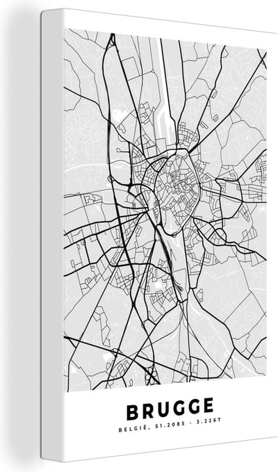Canvas Schilderij Stadskaart – Zwart Wit - Kaart – Brugge – België – Plattegrond - 20x30 cm - Wanddecoratie