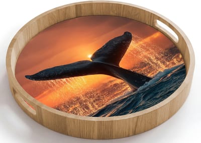 Dienblad rond 40x40 cm - Schootdienblad hout - Walvis staart - Water - Zonsondergang - Borrelplank rechthoek - Plateau houten dienbladen