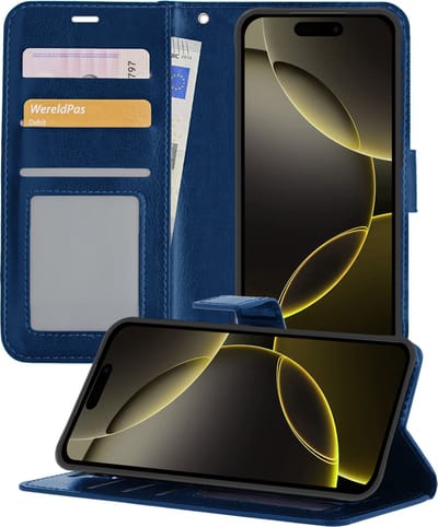 Hoesje - Met Pasjeshouder - Geschikt voor Apple iPhone 16 Pro - Luxe Bookcase Portemonee - Flip Case - Kunstleer Book Case - Flipcase - Book Cover - Walletcase - Portemonneehoes - Telefoonhoesjes - Donkerblauw