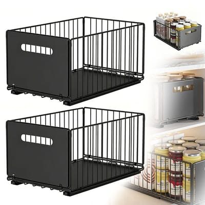 Gootsteenkast Organizer – Keukenkast Organizer - Aanrecht Organizer - Schuiflades - Kast Organizer - Keuken organizer – Metaal – Antislip - Groot, inklapbaar rek met één niveau - set van 2 - Zwart - Koolstofstaal