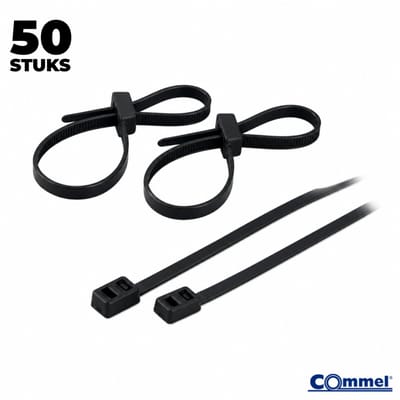 50x Commel Kabelbinders met Dubbele Sluitkop - 200 x 4.8 mm - Zwart - Nylon - Treksterkte 22kg