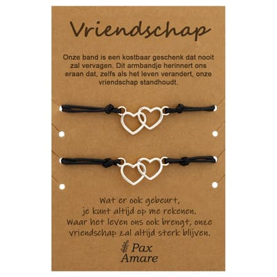 Vriendschapsarmbandjes voor 2 "Vriendschap" - Verbonden Hartjes - BFF Armbandjes met Cadeau Kaartje - Zilverkleurig - Elastisch Verstelbaar - Pax Amare