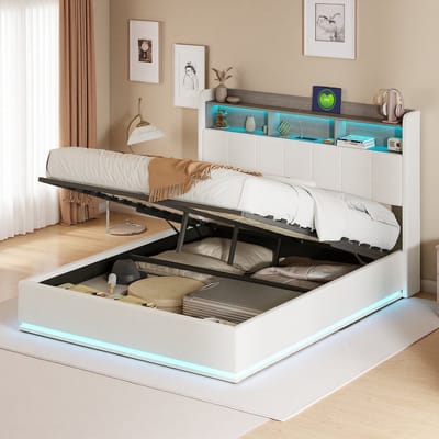 Opbergbed 140x200 cm Wit Fluweel – Tweepersoons met LED Hoofd- & Voeteneinde, USB & Opbergvak