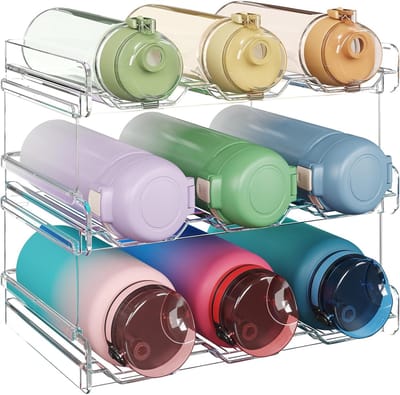 Famanu – Waterfles organizer voor koelkast en pantry – Stapelbaar kunststof flessenrek – Capaciteit 9 flessen