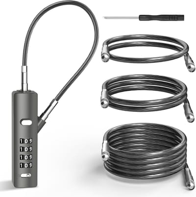 4-cijferig Combinatie Kabelslot met 3 Stalen Kabels (9"/24"/47") - Alleen Resetten met Huidige Code - voor Fiets - Bagage - Poort - Schuur - Kast - Gun Grijs - 1 Pack