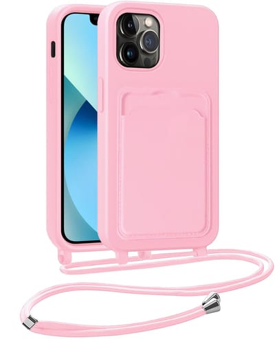 Hoesje Geschikt voor iPhone 13 Pro Hoesje Met Telefoonkoord en Pasjeshouder Siliconen - Hoes Geschikt voor iPhone 13 Pro Hoesje Met Kaarthouder Case - Lichtroze