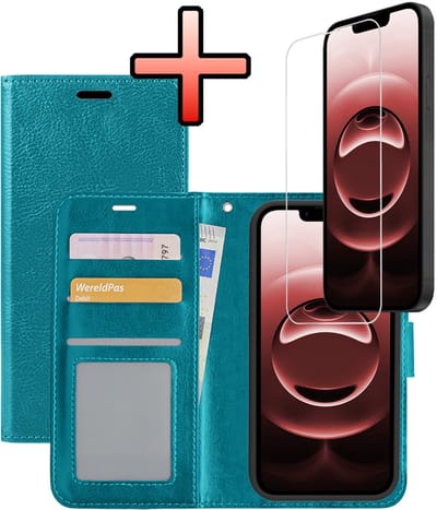 Hoesje - Met Screenprotector - Geschikt voor Apple iPhone 16e / 17e - Luxe Pasjeshouder - Bookcase Portemonee - Flip Case - Kunstleer Book Case - Flipcase - Book Cover - Walletcase - Portemonneehoes - Turquoise
