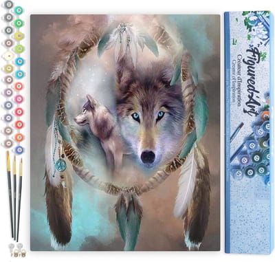 Figured'Art Schilderen op Nummer Volwassenen canvas Wolven en veren - Handwerk acrylverf Kit DIY Compleet - 40x50cm zonder frame