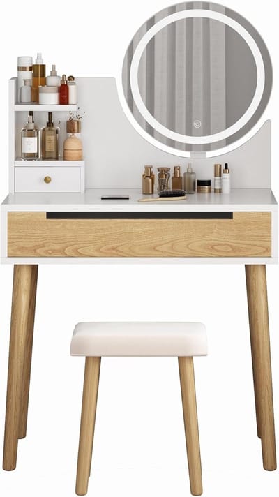Moderne kaptafel met LED-spiegel en kruk, make-uptafel met 2 lades en 3 instelbare verlichtingsstanden voor de slaapkamer