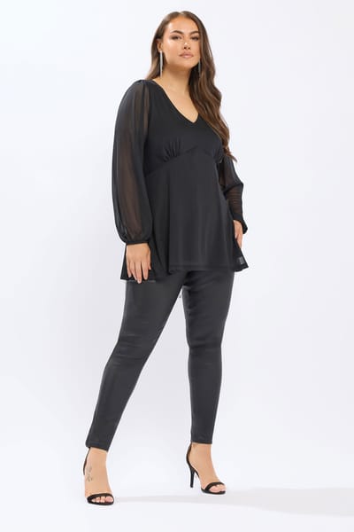 Yours Zwarte Mesh Top Met Ballonmouwen Size 48