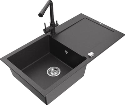 Mexen Leo granieten spoelbak 1-komor met afdruiprek en keukenkraan Duero, zwart gespikkeld - 6501-76-671600-76