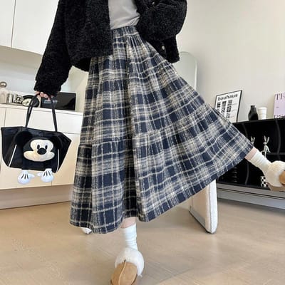 Rood geruit rokje voor dames in herfst en winter Nieuw Elastisch Hoge Taille Slankmakend Pofplooien Lange Rok Middellang XL gray