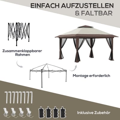 HAUSS SPOLE Partytent – Hoogteverstelbaar – 392 x 392 cm – Oxford Polyester – Beige – Voor Tuinfeest En Buitenruimte – Met Dubbel Dak