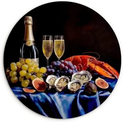 WallCircle® Wandcirkel 60x60 cm - Muurcirkel Champagne - Luxe - Oesters - Muurdecoratie woonkamer - Wanddecoratie keuken - Kamer decoratie accessoires - Ronde schilderijen