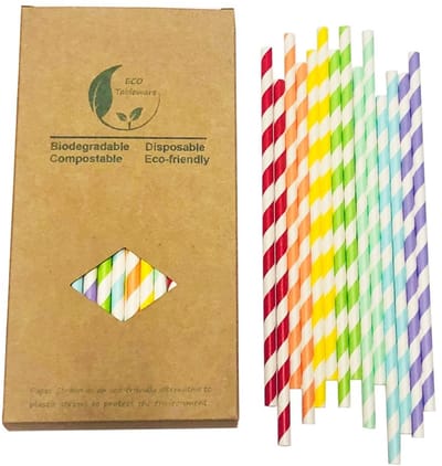 Dailygoods- Papieren Rietjes 100 Stuks - Biologisch Afbreekbaar - Regenboog/Wit Gestreept - Voedselveilig - Dik/Robust - 19 cm x 0,6 cm - Feestrietjes