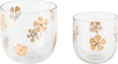 Dekoratief | Set 2 theelichthouders 'Golden Flower', glas, 12x12x12cm | A248011