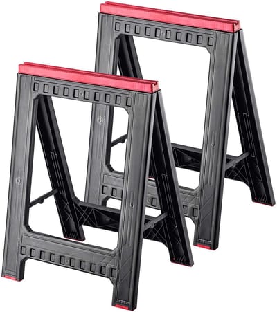 KADAX Zaagbok voor werkplaats, 58 x 41,5 x 77 cm, klapbok van kunststof, steigerbok met schaal, inklapbare onderstelbok, steunbok voor werk (2 stuks/zwart)