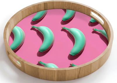 Dienblad rond 40x40 cm - Schootdienblad hout - Bananen - Patroon - Blauw - Roze - Borrelplank rechthoek - Plateau houten dienbladen