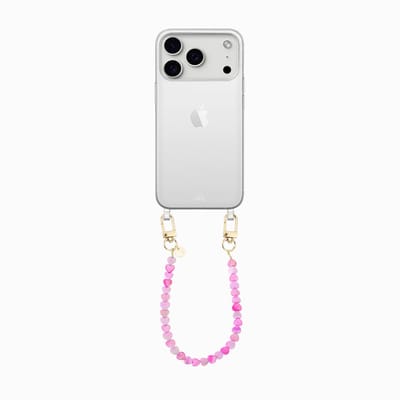 xoxo Wildhearts siliconen hoesje - Geschikt voor iPhone 17 Pro Max hoesje - Shell Hearts (short) - Telefoonhoesje - Hoesje met koord - gekleurde hartjes - Kort koord - Transparant hoesje met telefoonkoord - Roze & Paars