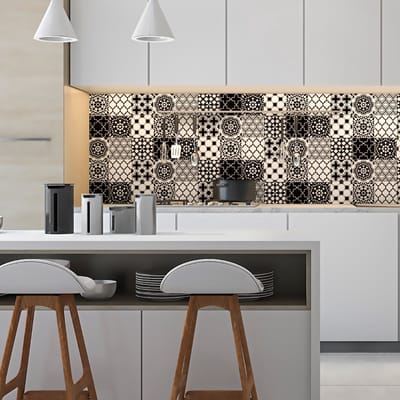 Zelfklevende tegelmuurstickers voor keuken en badkamer - 9 klassieke Azulejo tegelstickers in zwart-wit tinten - 9 stickers 10x10cm