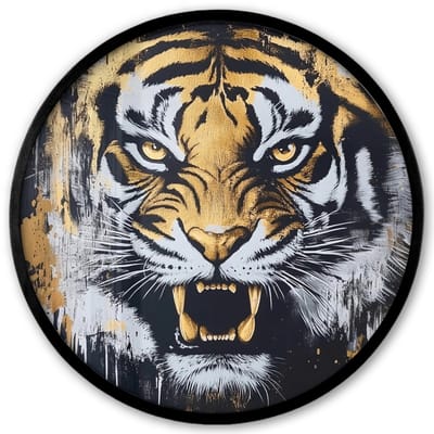 Poster in lijst Rond - Fotolijst 40x40 cm - Posters - Tijger - Verfspatten - Goud - Ronde posterlijst zwart - Decoratie - Wanddecoratie woonkamer - Muurdecoratie slaapkamer