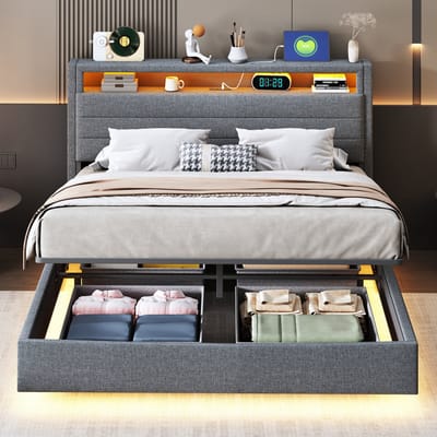 140x200 cm gestoffeerd bed met opbergruimte - met USB-aansluiting en LED-lamp - verstelbare hoofdsteun - grijs - zonder matras