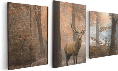 Artaza Canvas Schilderij Drieluik Hert In Het Bos - Herfst - 120x60 cm - Wanddecoratie Woonkamer - Schilderijen - Muurdecoratie