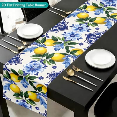 Chemin de table en lin imprimé floral citron bleu d'été Décoration de maison Lavable Chemin de table pour table de cuisine salle à manger style ferme Décoration de fête de mariage 150x33cm