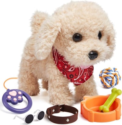 Interactieve pluche hond die loopt en blaft, op afstand te besturen, realistisch hondenspeelgoed met accessoires, perfect cadeau voor kinderen vanaf 3 jaar, stimuleert creatief spel en motorische vaardigheden