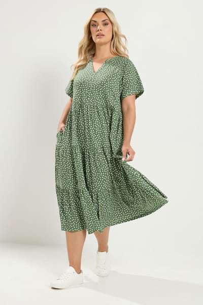 Yours Saliegroene Jurk Met Stippenprint En Gelaagde Rok Size 42
