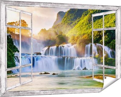 Gards Tuinposter Doorkijk Watervallen tussen de Bomen - 150x100 cm - Tuindoek - Tuindecoratie - Wanddecoratie buiten - Tuinschilderij